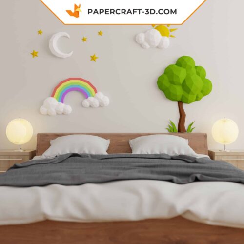 Papercraft arbre, arc-en-ciel, soleil et nuage, lune et étoiles en origami papier 3D