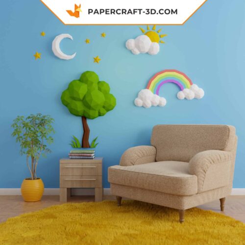 Papercraft arbre, arc-en-ciel, soleil et nuage, lune et étoiles en origami papier 3D