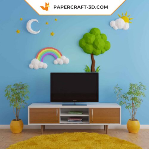 Papercraft arbre, arc-en-ciel, soleil et nuage, lune et étoiles en origami papier 3D