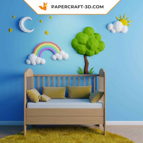 Papercraft arbre, arc-en-ciel, soleil et nuage, lune et étoiles en origami papier 3D