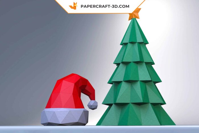 Papercraft Arbre de Noël et Chapeau du Père Noël en papier 3D