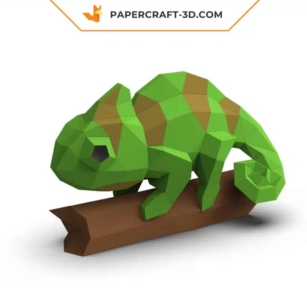 Papercraft caméléon sur branche en origami 3D