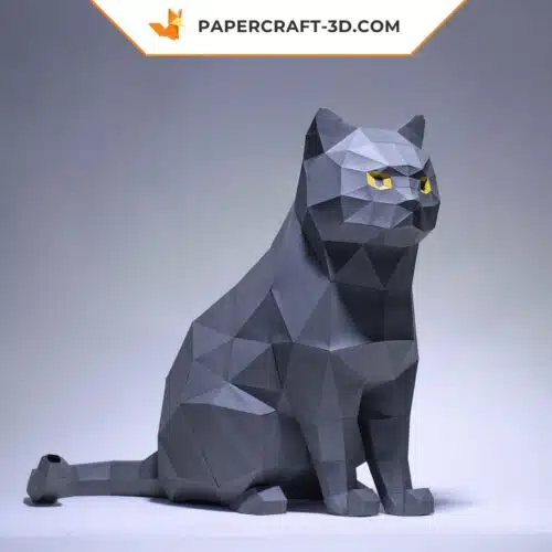 Papercraft chat gris en origami papier 3D, sculpture DIY à télécharger