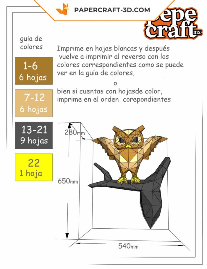 Papercraft chouette sur une branche : modèles de papier et guide pas à pas en PDF