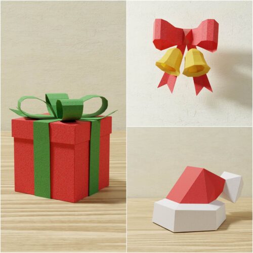 Papercraft collection de petits objets de Noël en papier 3D origami