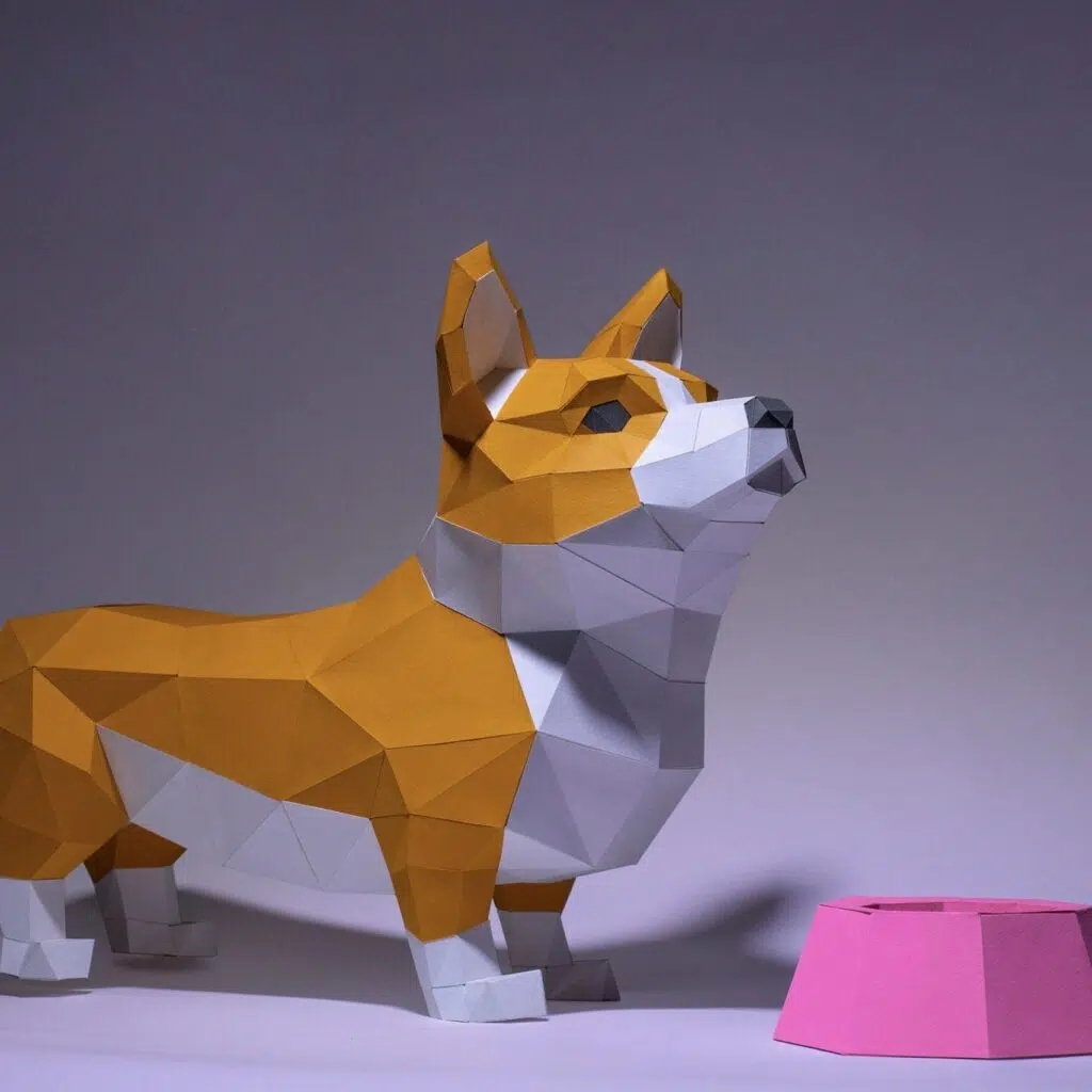 Papercraft de corgi avec sa gamelle en origami 3D