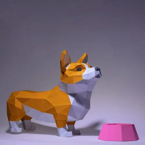 Papercraft von Corgi mit Schüssel in 3D-Origami