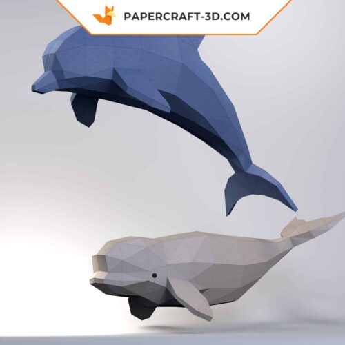 Papercraft dolphin and beluga in 3D origami