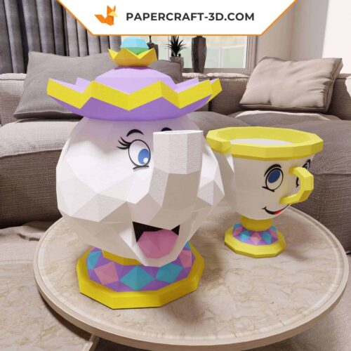 Papercraft de la Mme Samovar et Zip, modèle en format PDF, DXF et SVG, La Belle et la Bête, décoration 3D en origami papier