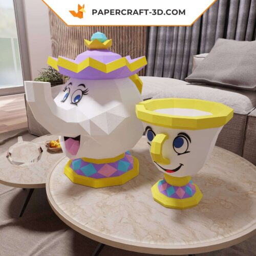 Papercraft de la Mme Samovar et Zip, modèle en format PDF, DXF et SVG, La Belle et la Bête, décoration 3D en origami papier