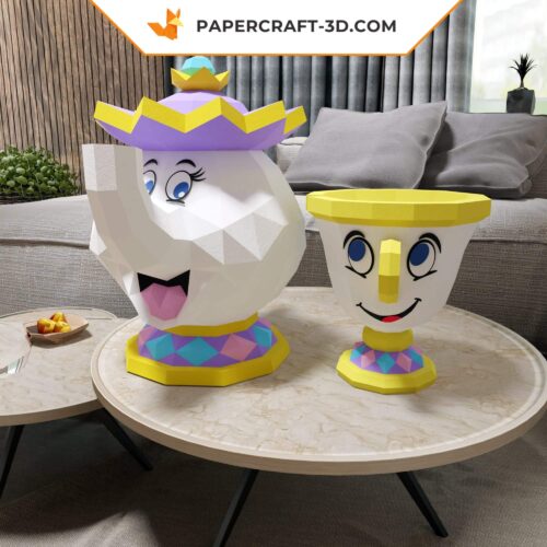 Papercraft de la Mme Samovar et Zip, modèle en format PDF, DXF et SVG, La Belle et la Bête, décoration 3D en origami papier