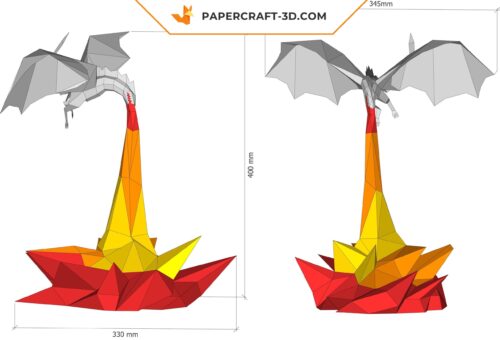 Papercraft dragon enflammé en origami papier 3D