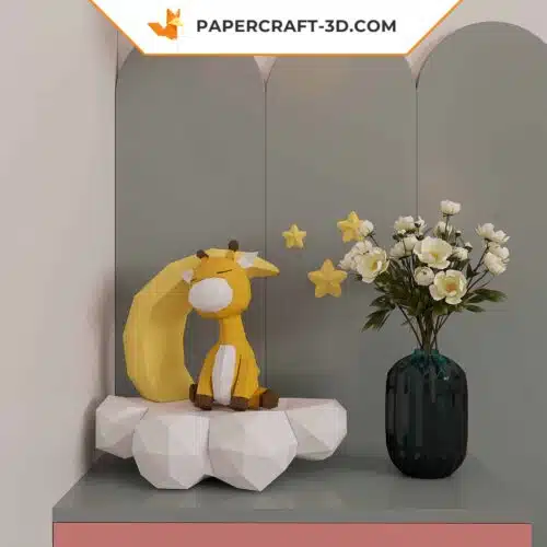Papercraft sleeping giraffe on the moon in 3D origami