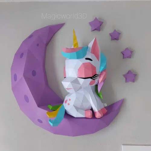Papercraft unicornio en la luna en origami 3D