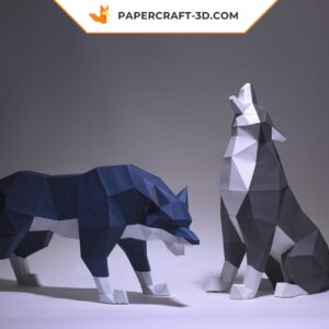 Papercraft Loup en colère et loup assis en origami papier 3D