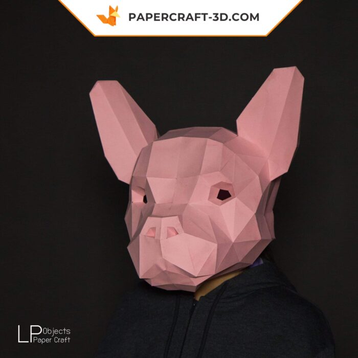 Papercraft masque de bouledogue français en origami papier 3D