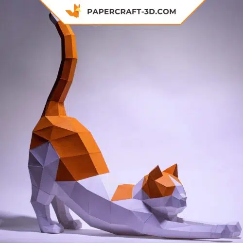 Papercraft de chat étirant en origami 3D