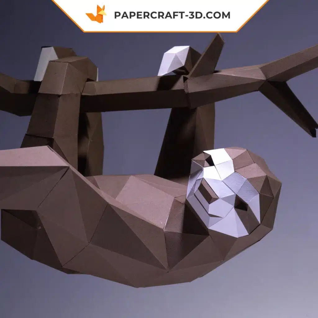 Papercraft fauler hängt an Zweig in Origami 3D
