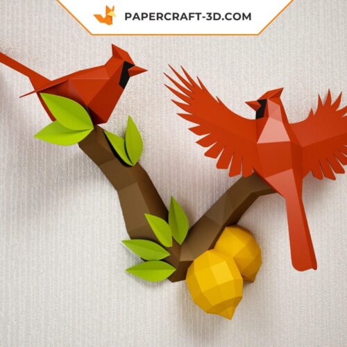 Papercraft Oiseaux sur une branche avec citrons, modèle de papier Cardinal Nordique basse poly, template de papercraft PDF, puzzle 3D à imprimer, kit numérique