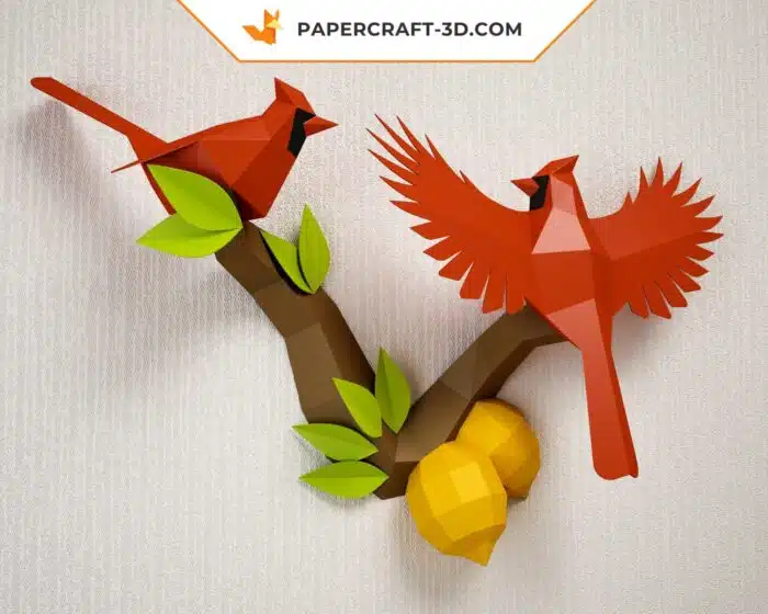 Papercraft Oiseaux sur une branche avec citrons, modèle de papier Cardinal Nordique basse poly, template de papercraft PDF, puzzle 3D à imprimer, kit numérique