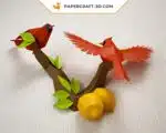 Papercraft Oiseaux sur une branche avec citrons, modèle de papier Cardinal Nordique basse poly, template de papercraft PDF, puzzle 3D à imprimer, kit numérique