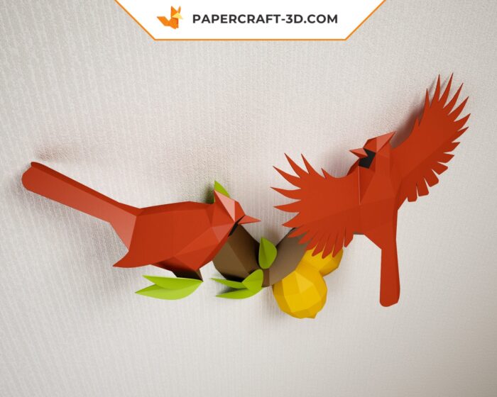 Papercraft Oiseaux sur une branche avec citrons, modèle de papier Cardinal Nordique basse poly, template de papercraft PDF, puzzle 3D à imprimer, kit numérique