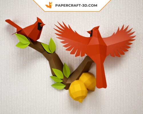 Papercraft Oiseaux sur une branche avec citrons, modèle de papier Cardinal Nordique basse poly, template de papercraft PDF, puzzle 3D à imprimer, kit numérique