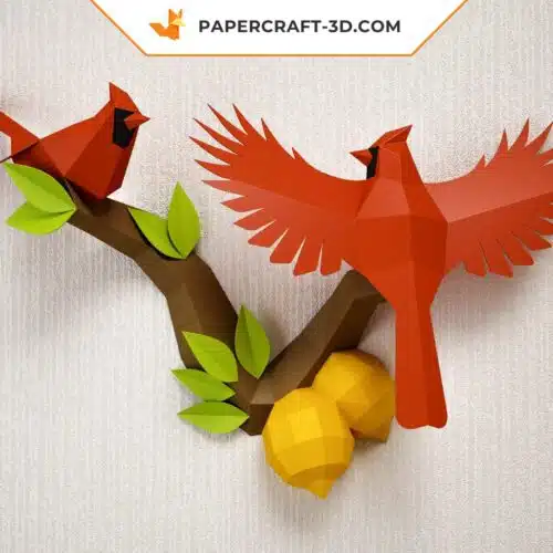 Papercraft Oiseaux sur une branche avec citrons, modèle de papier Cardinal Nordique basse poly, template de papercraft PDF, puzzle 3D à imprimer, kit numérique