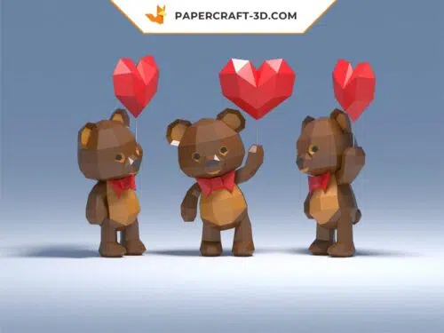 Papercraft ours en peluche 3D avec ballon en forme de cœur pour la Saint-Valentin en origami papier