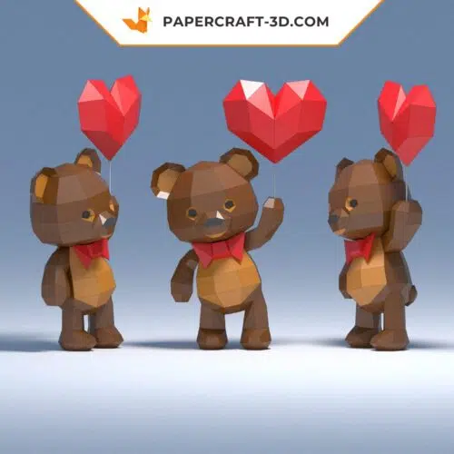 Papercraft ours en peluche 3D avec ballon en forme de cœur pour la Saint-Valentin en origami papier
