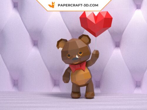 Papercraft ours en peluche 3D avec ballon en forme de cœur pour la Saint-Valentin en origami papier