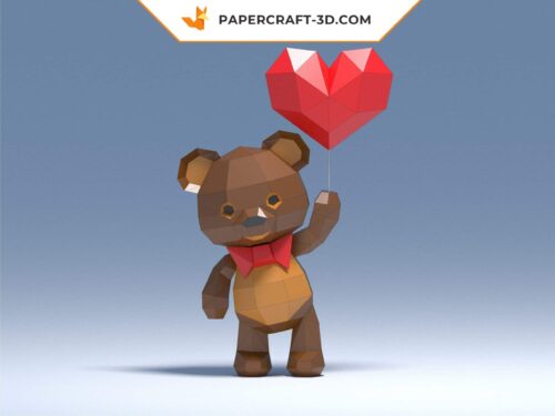Papercraft ours en peluche 3D avec ballon en forme de cœur pour la Saint-Valentin en origami papier