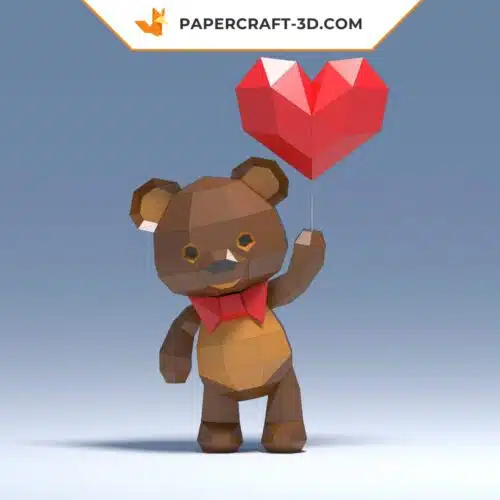 Papercraft ours en peluche 3D avec ballon en forme de cœur pour la Saint-Valentin en origami papier