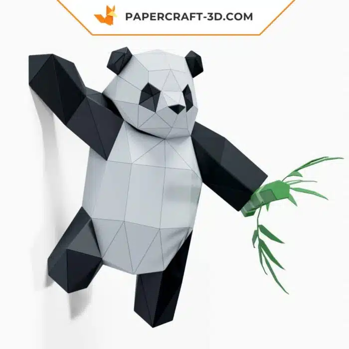 Papercraft Panda grimpant sur un mur en origami papier 3D