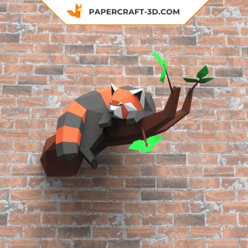 Papercraft Panda Rouge Dormant dans un Arbre, Sculpture Papier 3D Origami