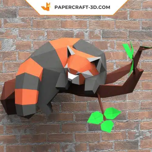 Papercraft Panda Rouge Dormant dans un Arbre, Sculpture Papier 3D Origami