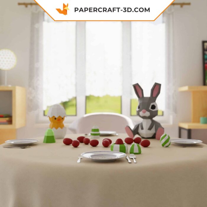 Papercraft Pâques origami papier 3D – Lapin, poussin dans œuf, porte-œufs – Pack de 3 modèles