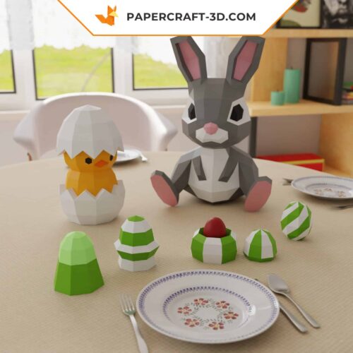 Papercraft Pâques origami papier 3D – Lapin, poussin dans œuf, porte-œufs – Pack de 3 modèles
