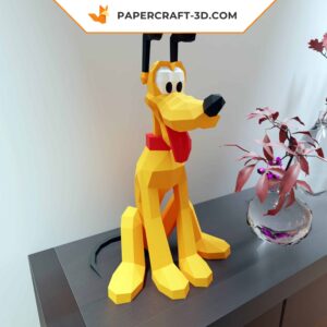 Papercraft Pluto assis, chien en papier 3D origami format PDF, SVG et DXF