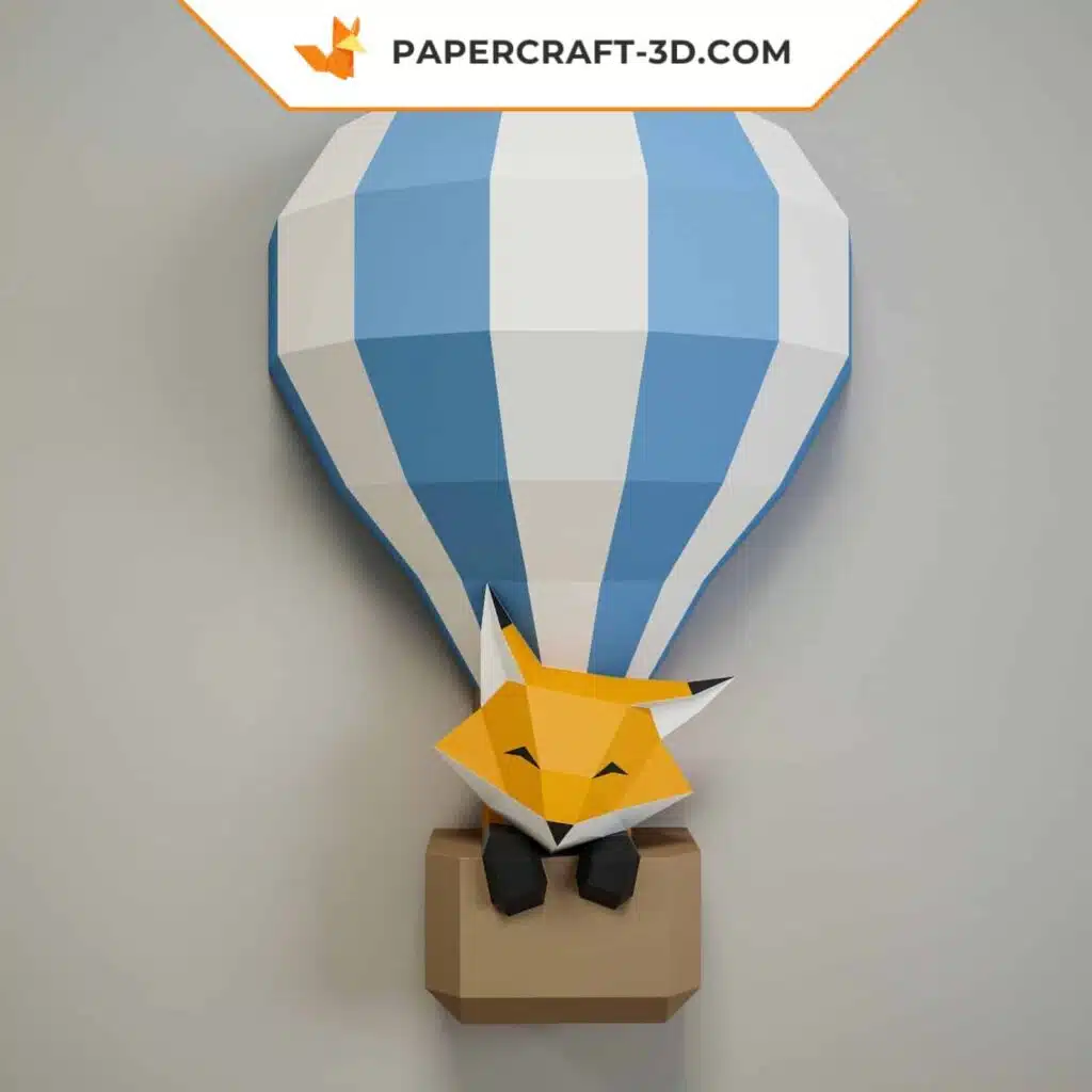Papercraft bébé renard dans une mongolfière origami 3D