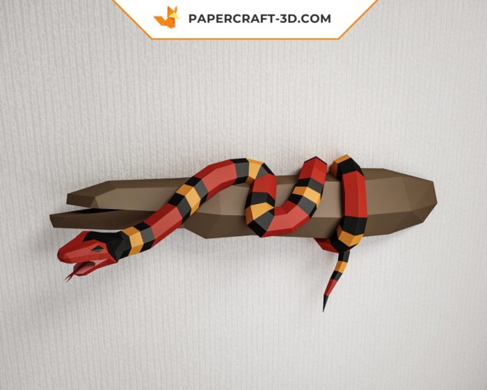 Papercraft serpent sur une branche, modèle 3D de serpent roi écarlate en origami papier