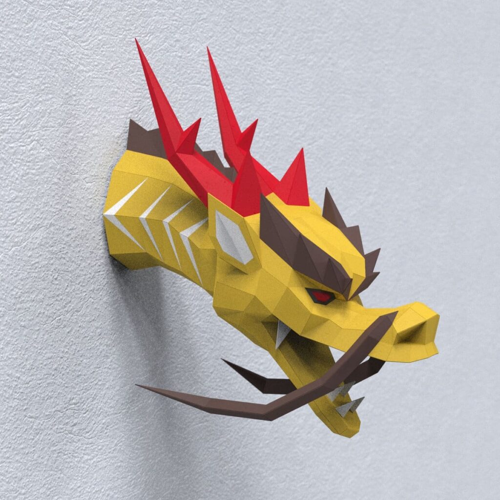 Papercraft tête de dragon chinois murale en origami 3D