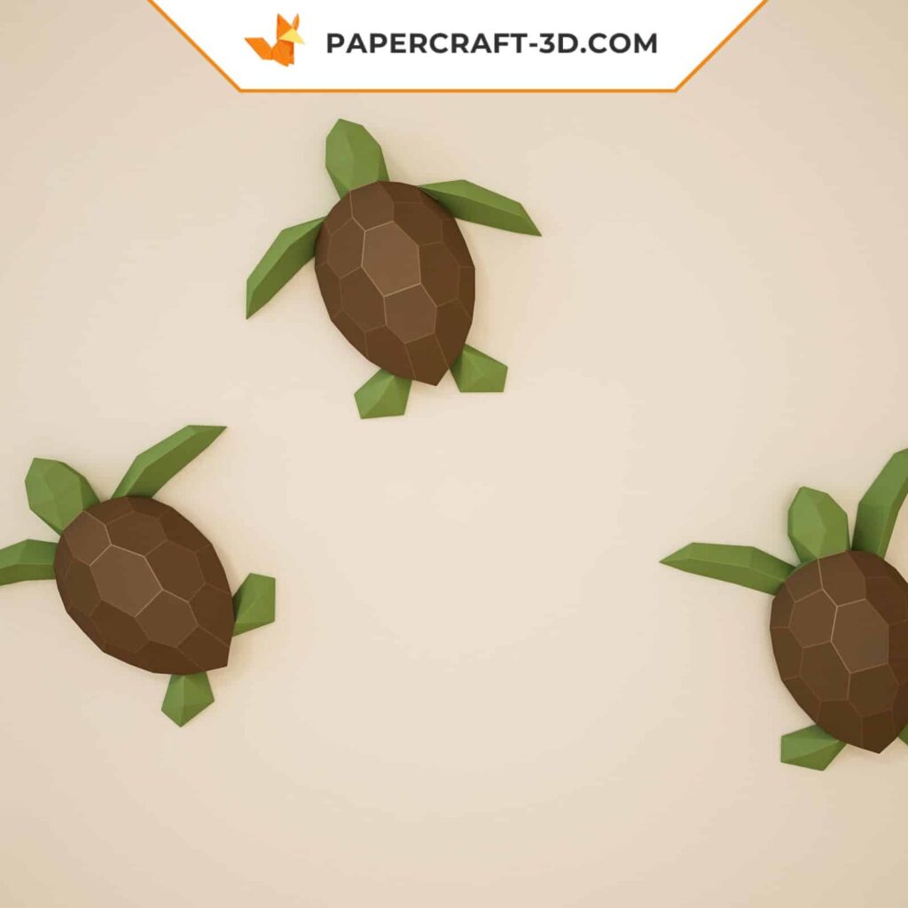 Papercraft de pequenas tartarugas marinhas murais em origami 3D