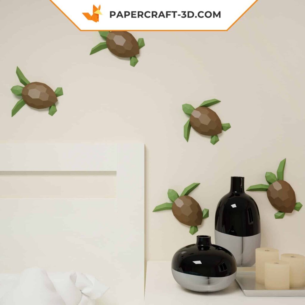 Papercraft de pequenas tartarugas marinhas murais em origami 3D