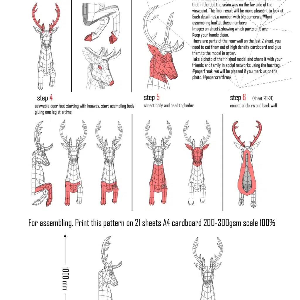 Papercraft de cerf sortant du mur en origami 3D