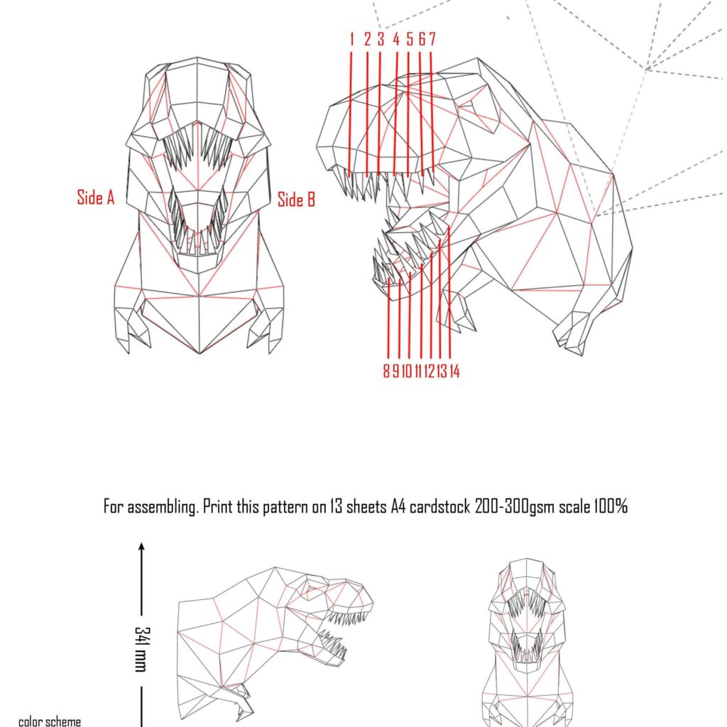 Papercraft tête de dinosaure T-Rex Tyrannosaurus en origami papier 3D