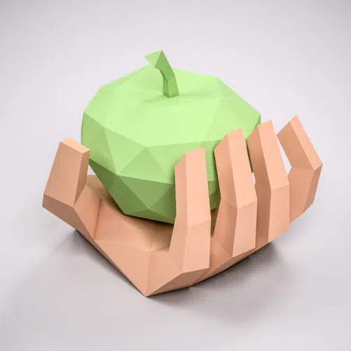 Papercraft main tenant une pomme en origami 3D