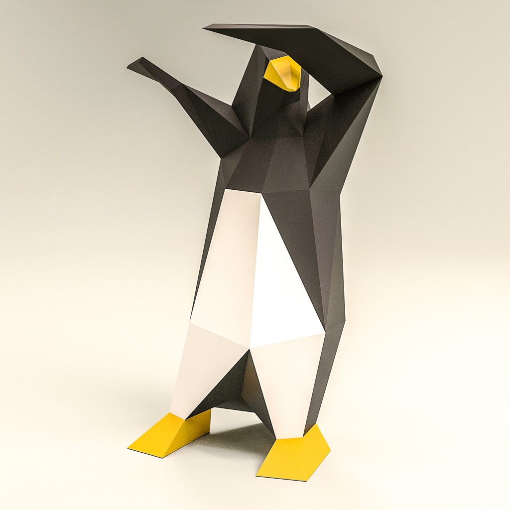 Papercraft pinguïn die dabt in origami 3D