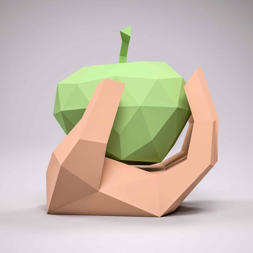 3D Origami Hand hält Apfel Papierbasteln