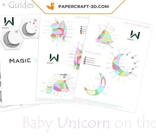 Bébé licorne papercraft 3D sur la lune